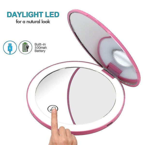 Kompakti ladattava valaistu meikkpeili, 1x ja 10x, 12 LED-valoa Pink