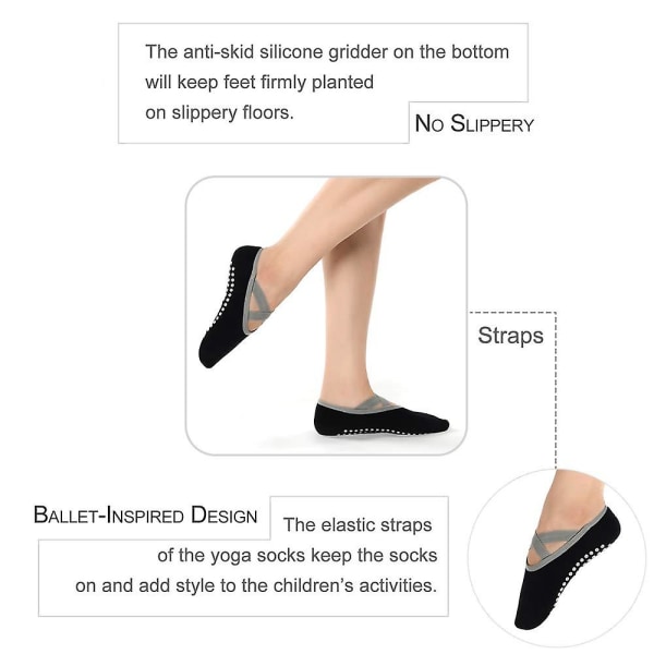 2 pakker skridsikre Pilates-sokker til kvinder, greb og stropper (sort og grå)