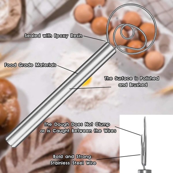 Danska degvisp, 12 tum rostfritt stål dansk visp bakverktyg för bröd, kakor, tårta eller pizzablandare visp krokar kökstillbehör verktyg