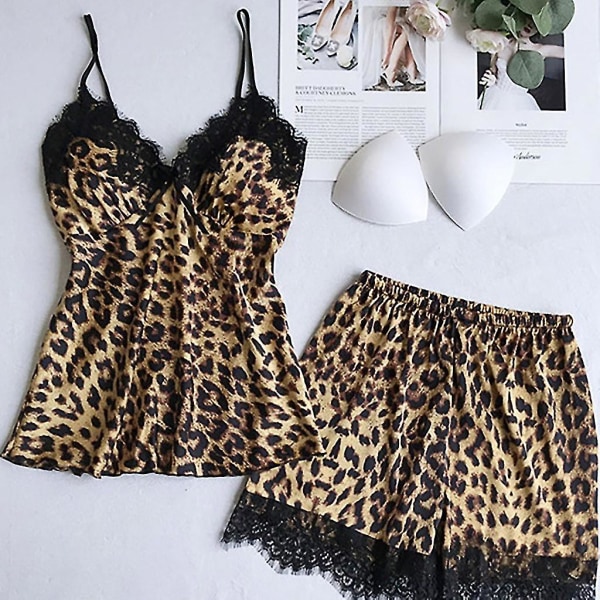 Kvinder Pyjamas Sæt Sexet Leopard Print Silke Satin Nattøj 4 stk Blonde Cami Top Shorts Og Kimono Robe Sæt Lounge Suit