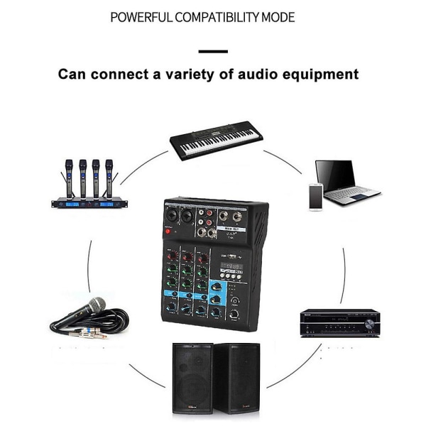 Ammattimainen 4-kanavainen Bluetooth mikseri Audiomiksaus Dj-konsoli Reverb-tehosteella kotikaraokeen black
