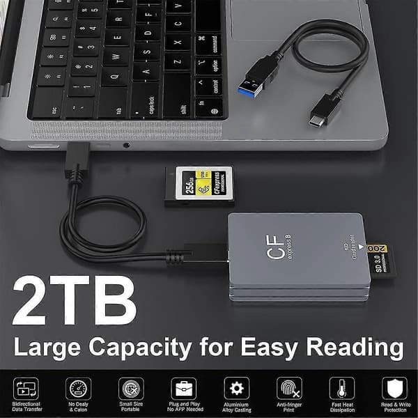 2 i 1 CFexpress Typ B SD-kortläsare CFexpress-läsare USB 3.2 10 Gbps Dubbla kortplatser med /A-kabel för silvergrå