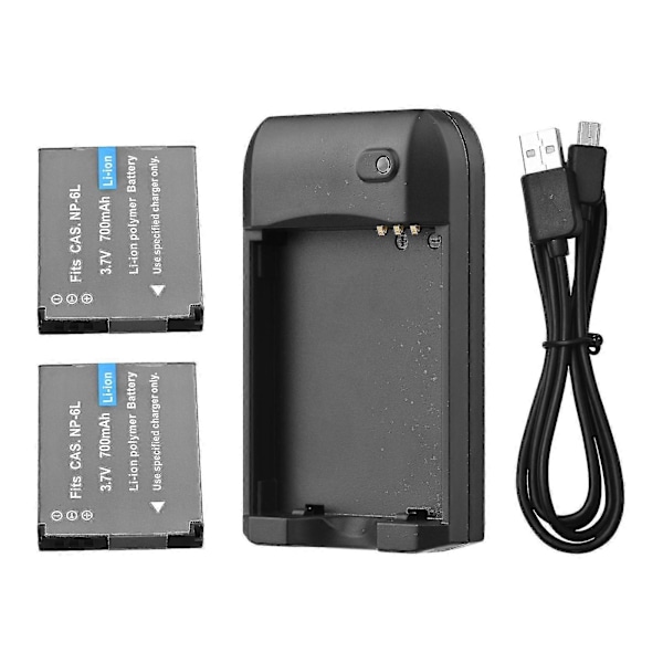 Np-6l Batterilader med LED-indikatorlys + 2 stk. Np-6l Batterier 3.7V 700mAh med USB-opladningskabel