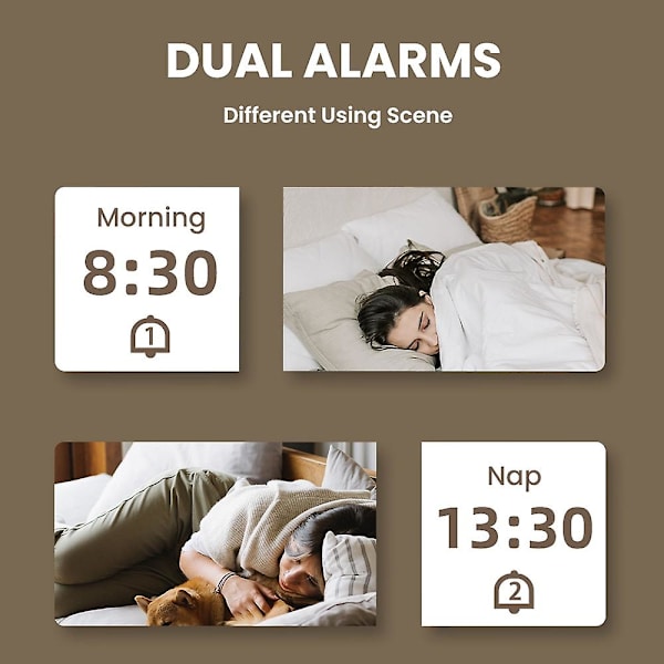 Digital klocka i bokträ med dubbla alarm, snooze, USB-alarmklocka, bordstemperaturmätare, elektronisk LED-trä D