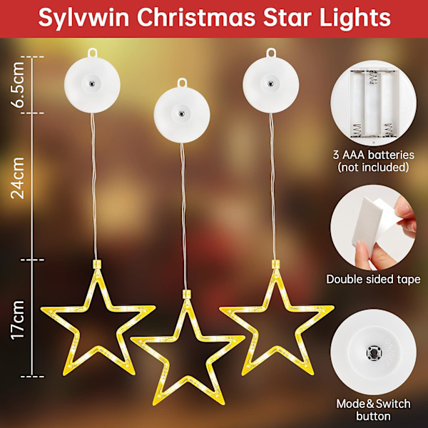 LED-stjerner Julepynt, Pakke med 3, 10 LED Julepynt Inne med Timer, Varmt Hvit Feelystjernene for Vindu Dekorasjon, Jul