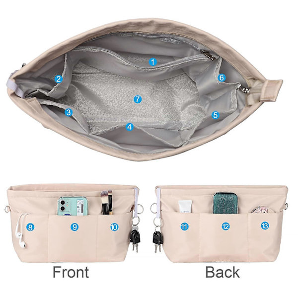 Handväska Organiser, Väska Organiser, Nylon med Nyckelring, Inre Fickor, Vattentät för Handväskor Organiser, beige, L