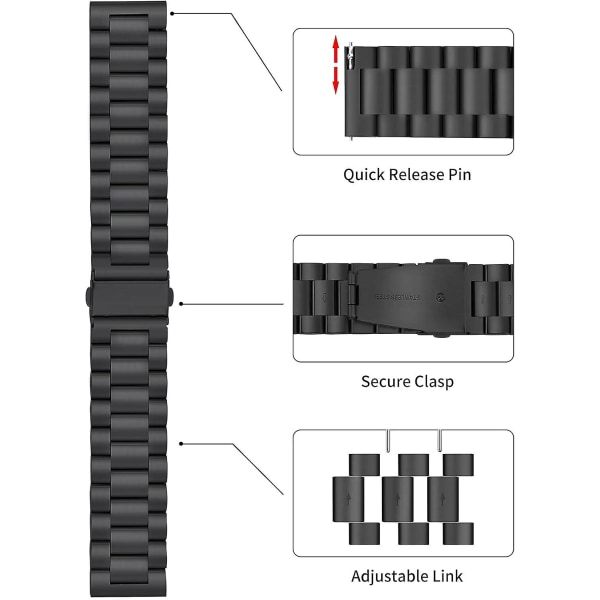Metallrem 20 mm - Svart snabbkopplingsrem för män och kvinnor - Smartwatch-rem i rostfritt stål