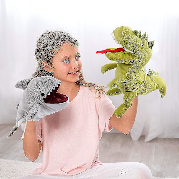 Plush Dinosaur Handdocka med Öppen Rörlig Mun, Interaktiv Leksak för Fantasifull Lek, Rollspel, Berättande Dockteater, 13\"