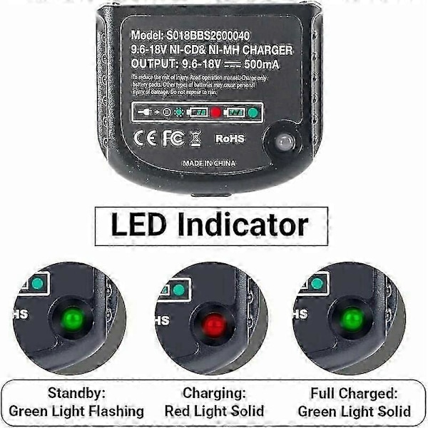 Erstatningsoplader kompatibel med Black & Decker 9.6V 12V 14.4V 18V Nicad Nimh batteri HPB18-OPE HPB18 HPB14 HPB12 HPB96 244760- SZRH A-F