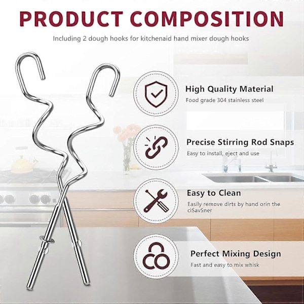 2 Sett Deigkroker i Rustfritt Stål for Kitchenaid Håndmikser KHM512