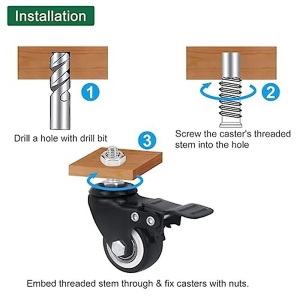 Rullhjul, Rullhjulssats med 4 stycken, tungt utförande - gängad stångmontering (5/16 tum) Swivel-rullhjul med broms