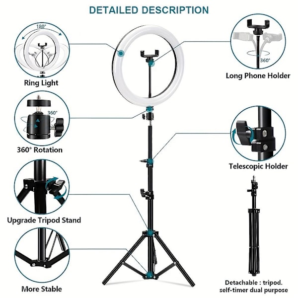 1 st 10 tums Selfie Ring Fill Light, RGB Tripod Telefonstativ Hållare Fotografi RingLight Cirkel Fill Light Led Färglampa Trepied Makeup