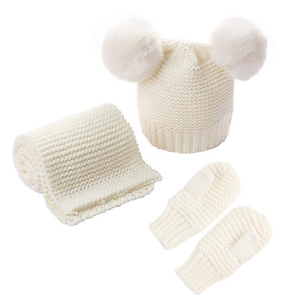 3-delt sett med vintervarm lue, skjerf og votter for barn og babyer - Ensfarget strikket beanie, langt skjerf og votter - Heklet babylue
