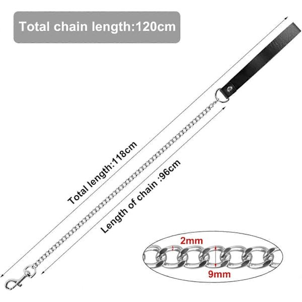 Koiran Ketjuhihna, Koiran Ketjuhihna, 118 cm Koiran Ketju, Metallinen Ketjuhihna, Hihna Pehmustetulla Kahvalla, Lemmikkikoiran Hihna - Musta + Hopea