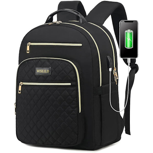 Laptop-ryggsäck - Quiltad reseryggsäck, arbetsryggsäck för lärare med USB-port (15,6 tum svart)