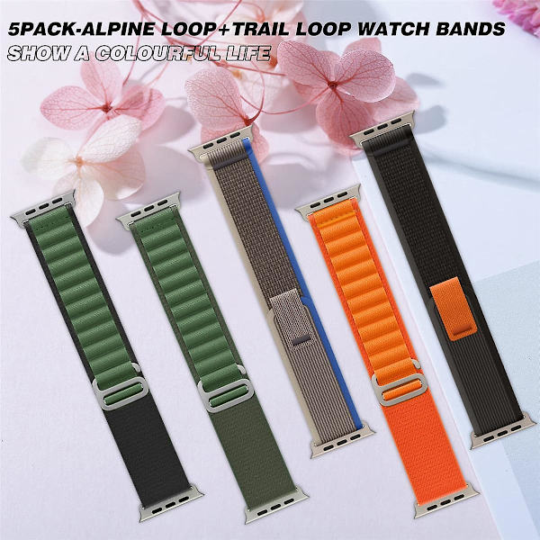 5 kpl Rannekkeita Watch Ultra -kellolle, 49 mm, 45 mm, 44 mm, 42 mm, Trail Loop -nylonurheiluranneke sarjoille