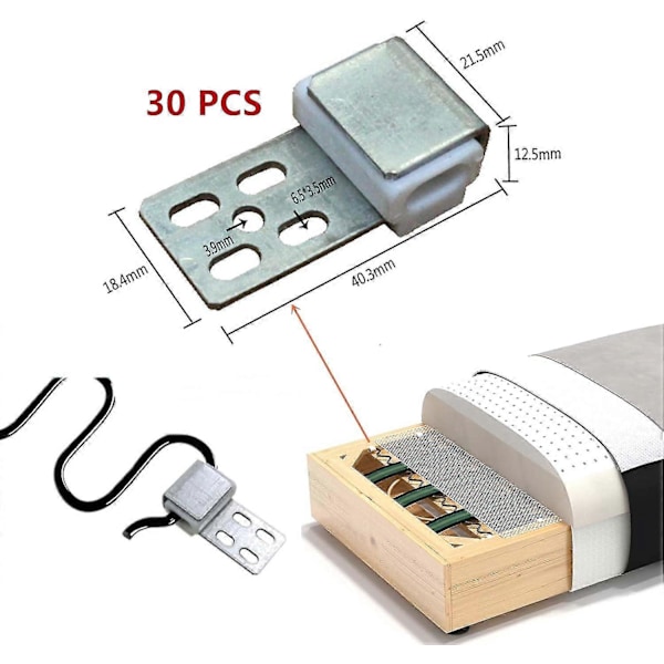 Pakke med 30 metallfjærklips, fjærklips for møbler med 5 huller, reservedeler for polstrede møbler, erstatningsdeler for sofa