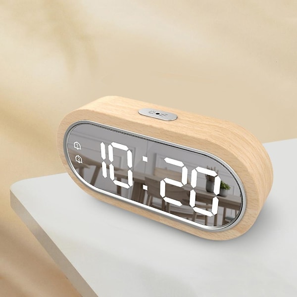 Digital klocka i bokträ med dubbla alarm, snooze, USB-alarmklocka, bordstemperaturmätare, elektronisk LED-trä D