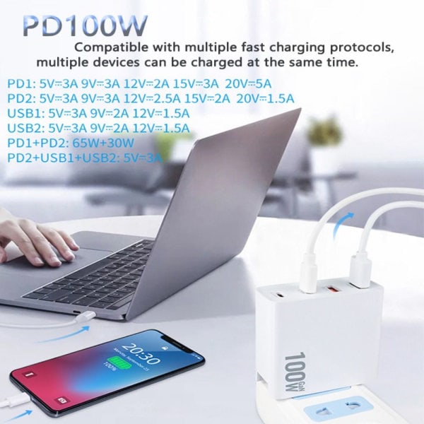 100W GaN Ladeadapter Dobbel Type C QC3.0 USB-A EU STIKK
