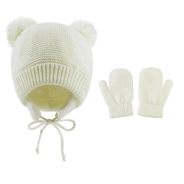 Nyfödd Baby Vinter Öronlapp Mössa Med Vantar 2st/set Varm Fleece Stickad Pompom Mössa Vantar