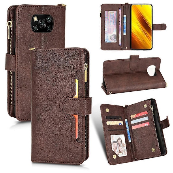 Fodral för Xiaomi POCO X3 NFC Omslag Dragkedja Magnetiskt Plånboks Kortinnehavare PU Läder Flipfodral Brun