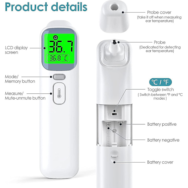 Pande & Øre Termometer, Kontaktløs Infrarød Termometer Til Børn & Voksne, Medicinsk Termometer Med Feberalarm, Digitalt Termometer