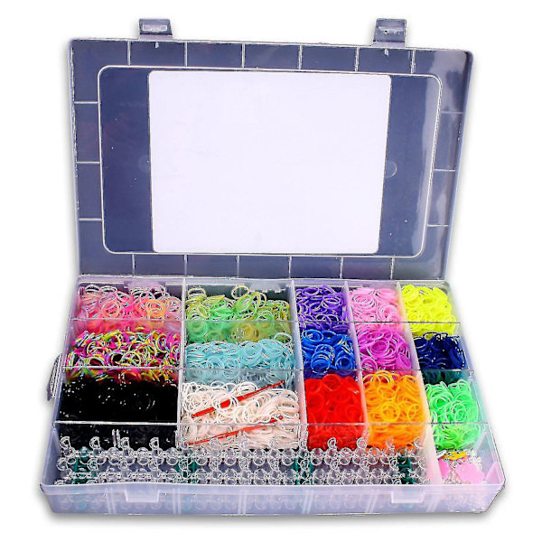 Loom Bands -setti ja klipsikokoelma 5500 kuminauhalla + 170 klipsulla + 2 koukulla + 6 riipuksella + 1 kutomakauhalla 21 kauniissa värissä ja upeassa säilytyslaatikossa