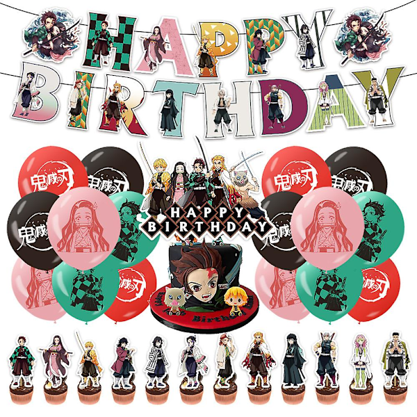 Demon Slayer Tematfest Dekorationer Ballonger Tårta Topper Banderoller Set-xdd
