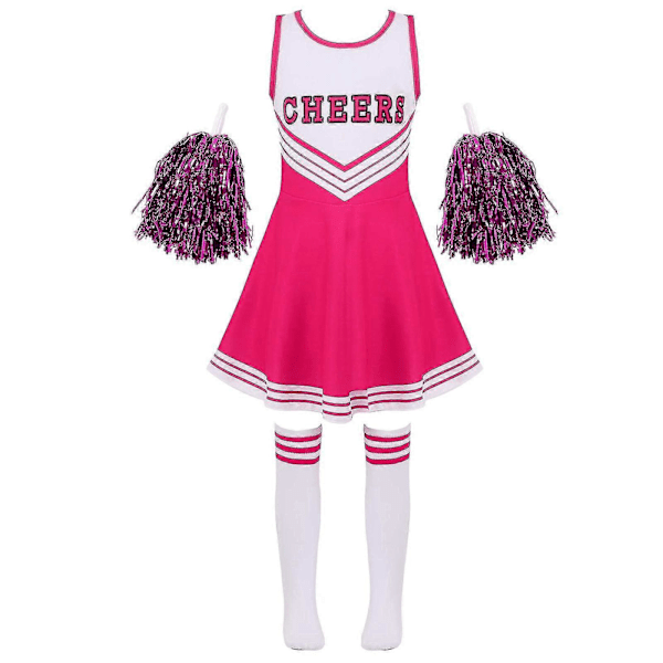 Tyttöjen Cheerleader-asu Cheerleading-puku urheilutapahtumiin Pyöreä kaulus Kirjainpainatus Patchwork-tanssipuku Kukka ja sukat, 110 Kuuma vaaleanpunainen