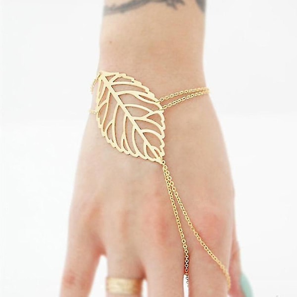 Guld Udskåret Blad Armbånd Med Ring Armbånd