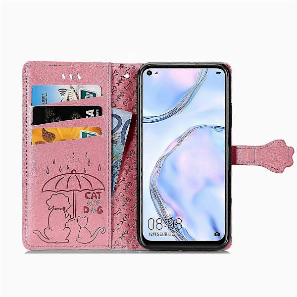 For Huawei P40 Lite/Nova 7i/Nova 6se Søt Katt og Hund Preget Horisontal Flip Lærveske med Stativ / Kortspor / Lommebok / Lanyard