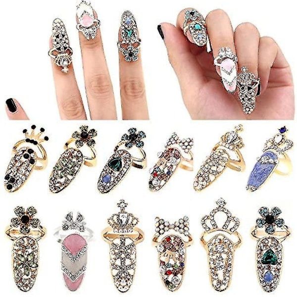 12pcs Fingernail Rings Women Nail Decor Bowknot Ring Charm Flower Crystal Fingernail Ring