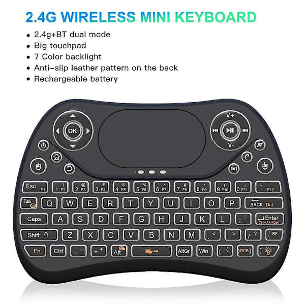 T2 PRO Mini-tastatur med berøringsplate, 7 LED-bakgrunnsbelysning for Android TV-boks, Smart-TV/PC