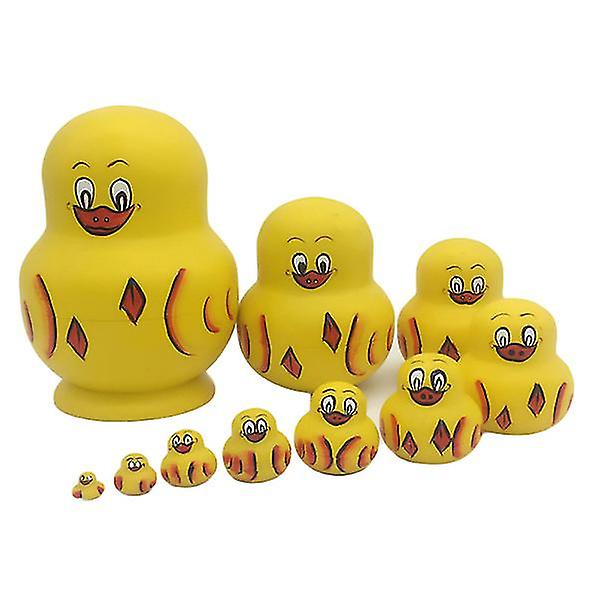 10 st. Målade Gula Anka Trä Ryssland Nesting Dolls Matryoshka Samling Leksak