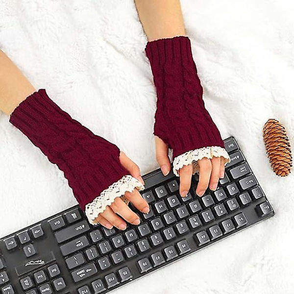 Julspetsar i spets, vintervarma handskar, röda gotiska stickade fingerlösa handskar, fest cosplay handledsvärmare handskar med tumhål för kvinnor och flickor