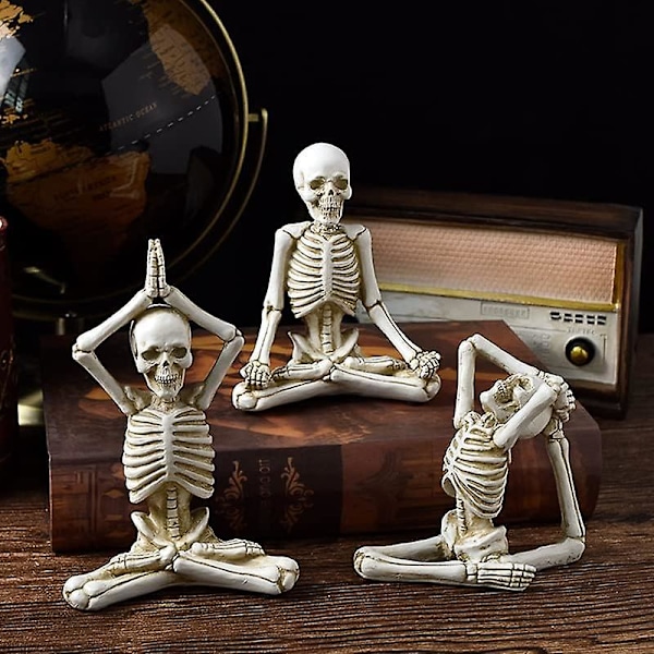 3 stk Yoga-skjelettfigurer i harpiks, mini-skjelettdekorasjon, Halloween-statue for hjem, soverom, kontor, skrivebord, Halloween-dekorasjoner (hvit)