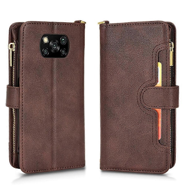 Fodral för Xiaomi POCO X3 NFC Omslag Dragkedja Magnetiskt Plånboks Kortinnehavare PU Läder Flipfodral Brun