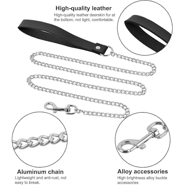 Koiran Ketjuhihna, Koiran Ketjuhihna, 118 cm Koiran Ketju, Metallinen Ketjuhihna, Hihna Pehmustetulla Kahvalla, Lemmikkikoiran Hihna - Musta + Hopea