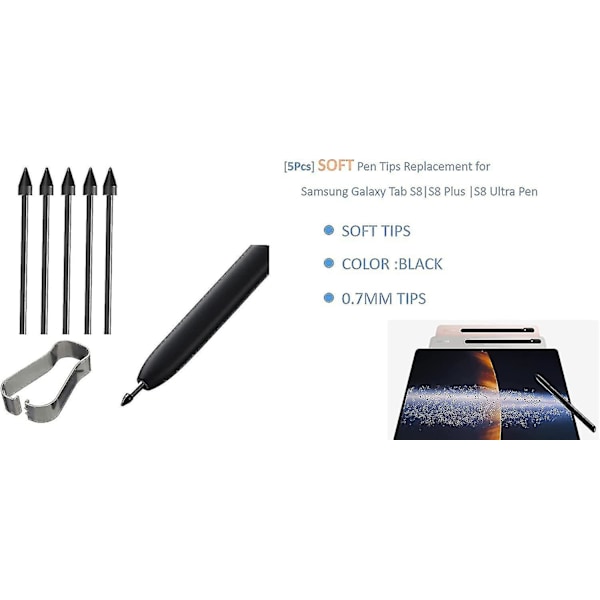 [5 stk Myke Spisser] Oem Tab S8 Spisser, Nibs [0,7 mm] Erstatning For Samsung Galaxy Tab S8/s8 Plus/s8 Ultra Stylus S Pen +verktøy (s8/s8plus/s8 Ultra Svart)