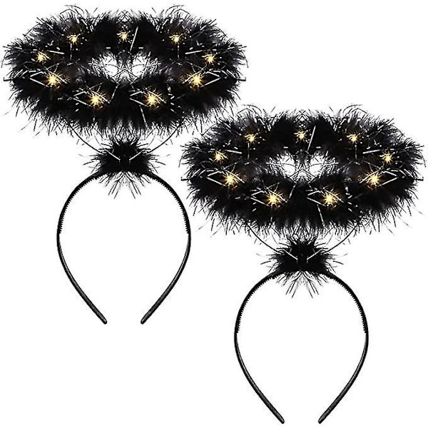2-pack Ljushåriga Ängel Halo-Hårband LED-Fjäder Hårband Ängel Halo-Hårband för Jul, Ängelkostymer LED, Svart