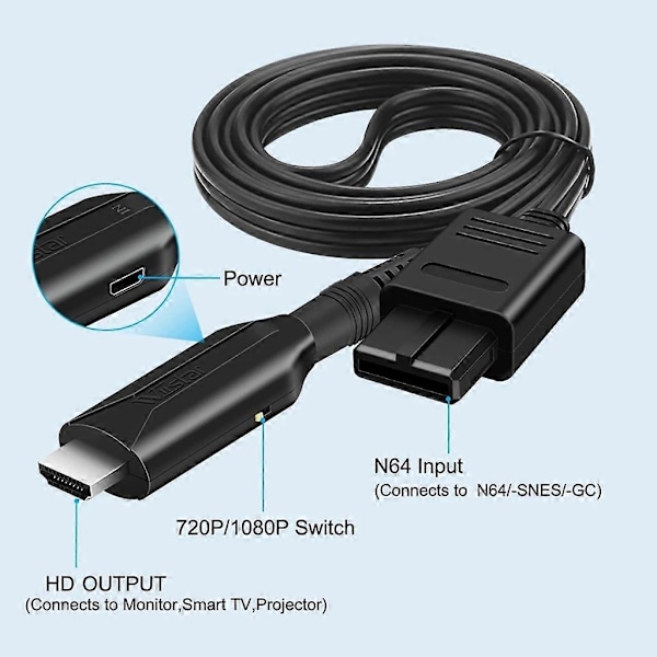 1080P/720P N64 til HDMI-kompatibel Adapter N64 Input til HDMI-kompatibel Output