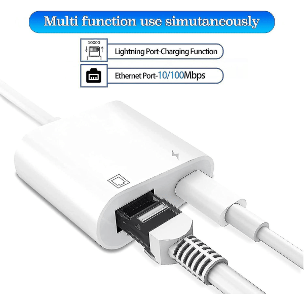 Lightning till Ethernet-adapter, kompatibel 2 i 1 Ethernet LAN-nätverksadapter med laddningsport (hs)