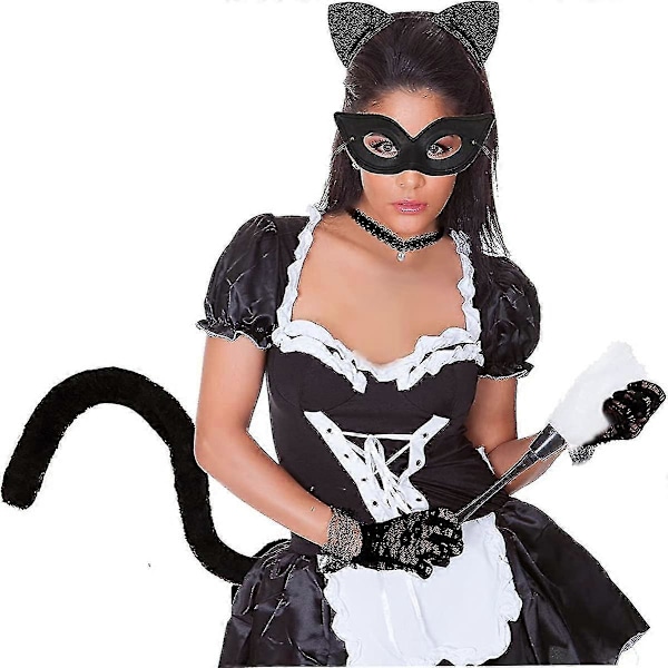 Svart Kattkostym - Kattungeöron, Svans och Maskeradögonskydd för Kvinnor och Flickor - Halloween Cosplay Tillbehör