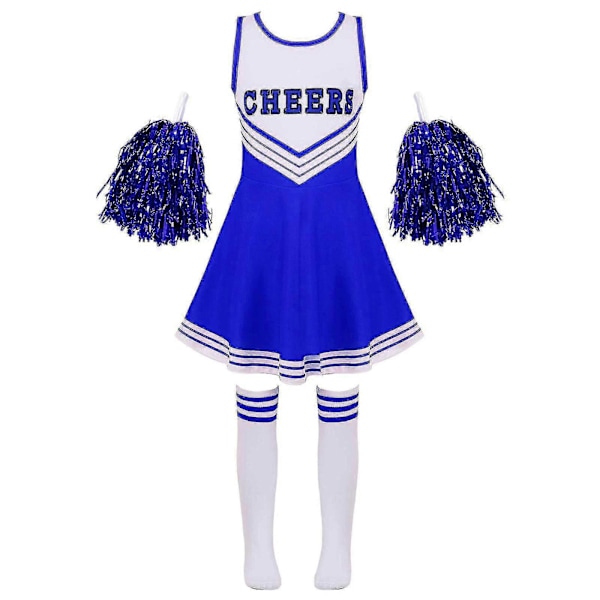 Cheerleader-outfit för flickor, cheerleading-kostym för sportevenemang, rund halsringning, bokstavstryck, lapptäcke, dansklänning, blomma och strumpor, blå, 110