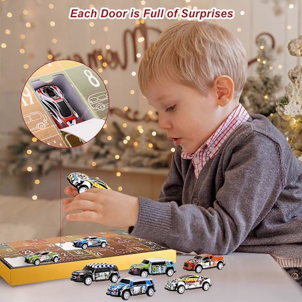 Adventskalender 2024, 24 st Leksaksbilar Adventskalender för Barn Racing Bilar Julnedräkningskalender för Pojkar Flickor Barn