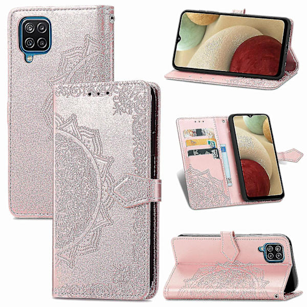Kompatibel med Samsung Galaxy A12 Fodral Läder Plånboksfodral Präglad Mandala Magnetisk Flip Skydd Stöttålig - Roséguld