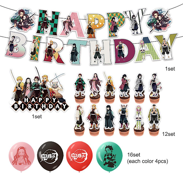 Demon Slayer Temasidekorasjoner for fest - Ballonger, kakepynt, bannere - xdd
