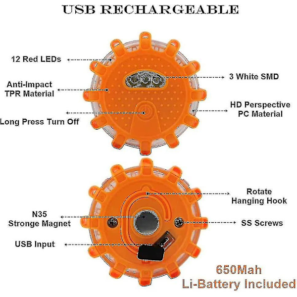 Kryc USB Laddningsbara LED Vägbländare Nödljus - Vägvarning Bil Säkerhetsfyr Blinkande Skivfyr Kit Med Magnetisk Bas För Fordon & Båtar