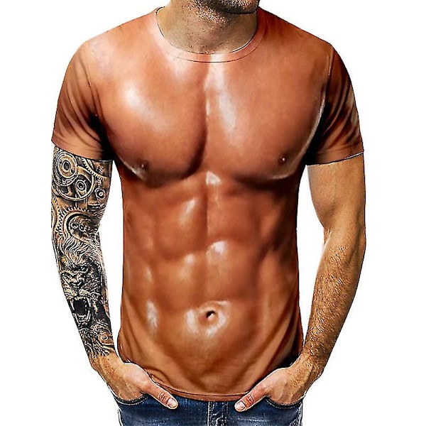 Herrarnas 3D T-shirt Bodybuilding Simulerad Muskeltröja Naken Hud Bröstmuskel Tee Shirt Kortärmad