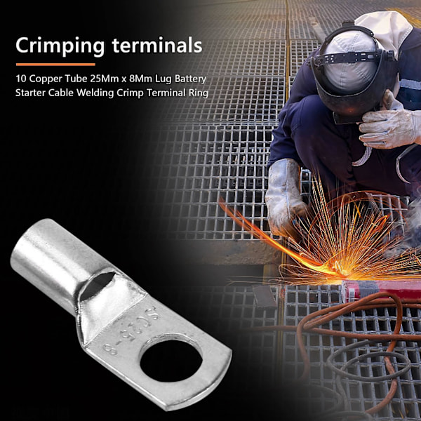 10 Kobberrør 25Mm x 8Mm Lug Batterikabel Svejsning Krympe Terminal Ring